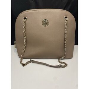 DKNY Shoulder Bag Women's Beige Pebble Leather Chain Strap Zip Designer Business